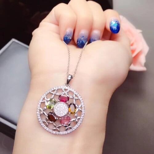 S925 silver natural Multicolor tourmaline necklace natural gemstone pendant Elegant round woman girl party gift fine jewelry