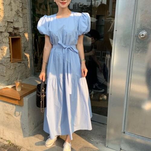 Blue summer woman dress O Neck High Waist Korean style dresses women puff Sleeves A-Line vestidos 2021