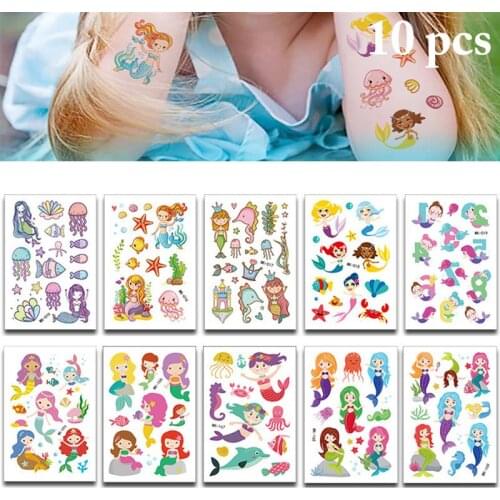 10PCS Tattoo Sticker Cute Cartoon Mermaid Tattoo Body Sticker Waterproof Tattoos Fake Tatoos for Children for Fun