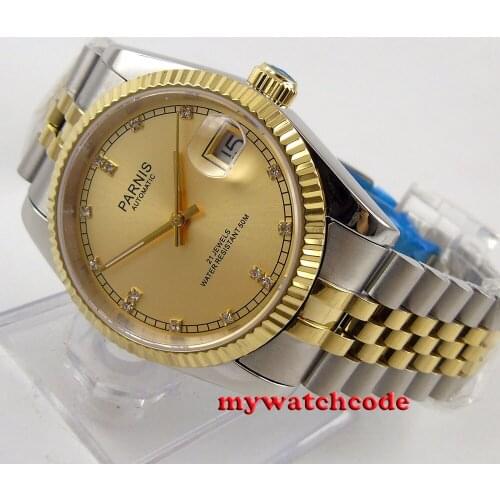 36mm Parnis gold dial Sapphire glass date window Miyota automatic mens watch 597