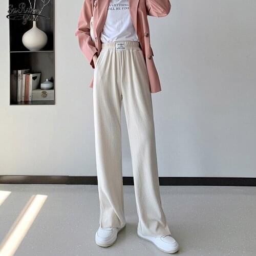 New Wide Leg Pant Straight Casual Pants for Women Autumn Handsome Fashion Pants High Waist Pants Solid Elastic Waist Pants 16441