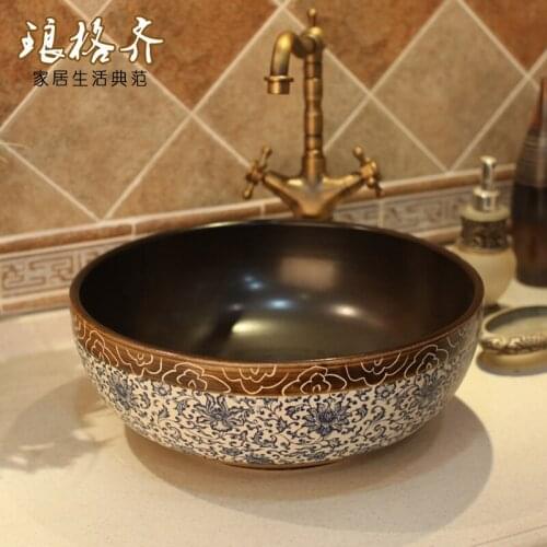 Jingdezhen ceramic antique grid art basin wash basin washbasin basin-dull blue and white