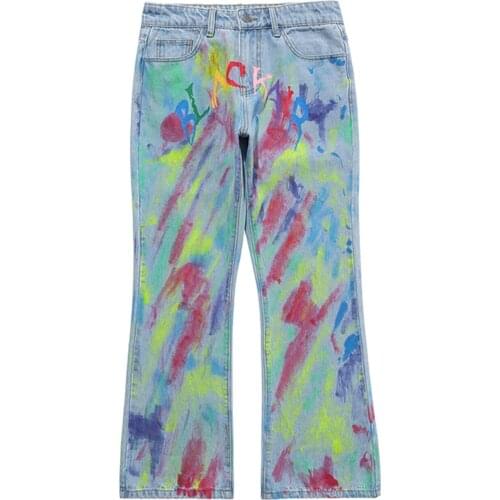 2021 Retro Denim Jeans Hip Hop Sweatpants High Street Spray Paint Graffiti Streetwear Jogger Colorful Harajuku Men Loose Pants