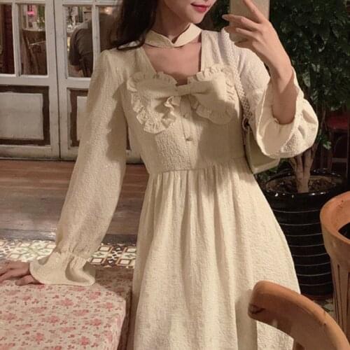 HOUZHOU Elegant Vintage Dress Women Kawaii Bow Long Sleeve Midi Dresses 2021 Spring Autumn Lolita Sweet Square Collar Outfits