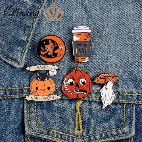 QIMINGHalloween Enamel Pins Cartoon Pumpkin Brooch Cowboy Clothes Jeans Cap Bag Badge Student Gift