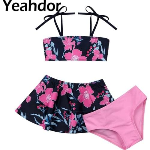 3Pcs Kids Girls Swimwear Swimming Outfit Bathing Suit Straps Self Tie Closure Tube Tops with Skirt and Briefs Set Beach Swimsuit