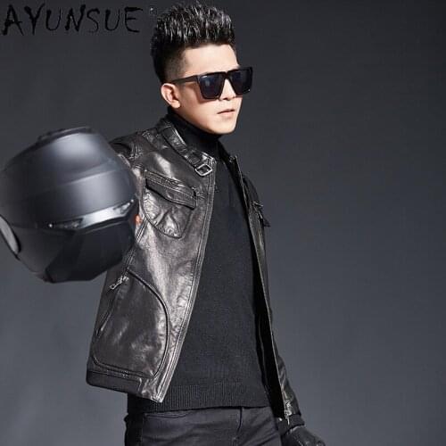 AYUNSUE 2021 Autumn Genuine Sheepskin Leather Jackets Mens Black Leather Coat Men Motorcycle Streetwear Jaqueta Masculina SQQ307