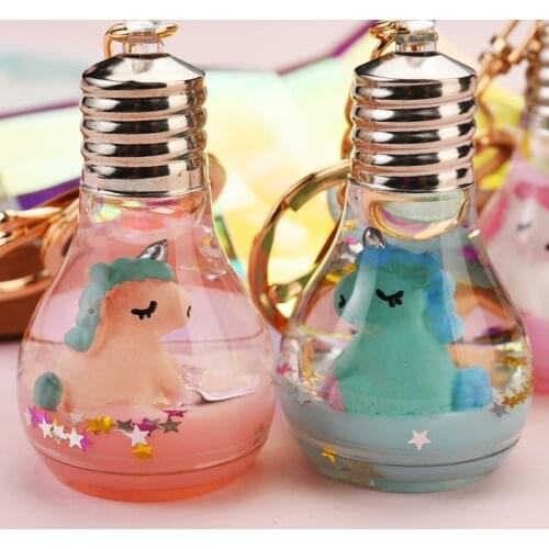 Cartoon Doll Unicorn Pendant Key Chain Creative Liquid Light Bulb Keychain Couple Women Car Bag Pendant Keyring Accessories Gift