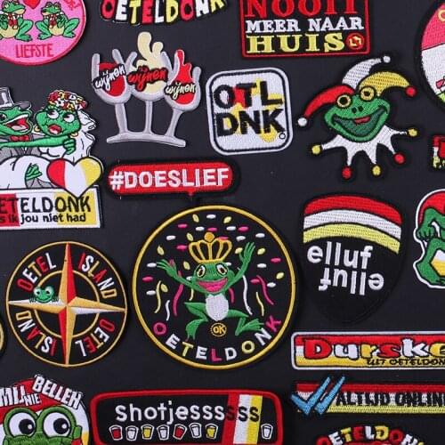 Oeteldonk Embleem Full Embroidered Frog Carnival for Netherland Iron on Patches for Clothing Stripe Embroidered Patch Applique G