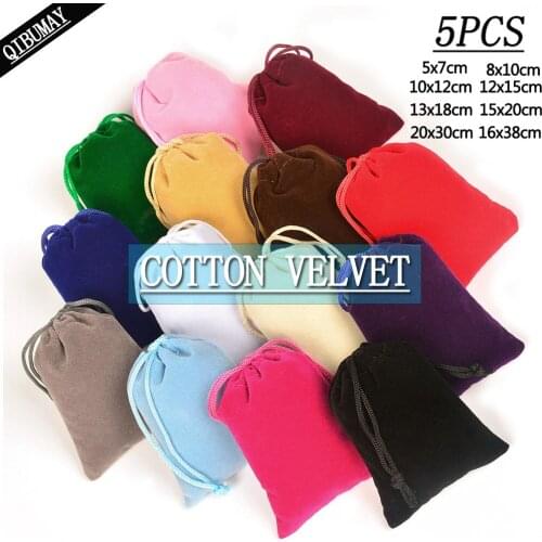 QIBU 5pcs Cotton Velvet Gift Bags Soft Solid Color Drawstring Pockets Multi-size Birthday Christmas Party Decoration Baby Gifts
