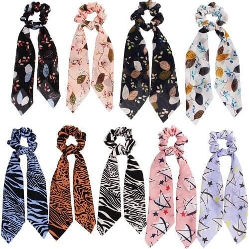 Women Girl Elastic Hairbands Scrunchie Streamer Accessories Scrunchies Zebra Chiffon Turban Ponytail Hair Ties 50pcs F418B