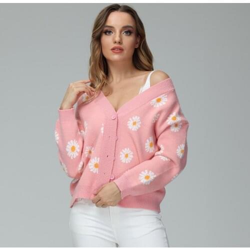 Fashion Cardigan Womens 2021 Autumn and Winter New Sweet Daisy Jacquard Workplace V-neck Knitted Jacket Sweater