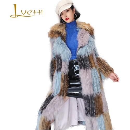 LVCHI 2019 Winter Real Fox Fur Coats Slim Real Natural Fox Fur Coat Womens Plaid Gradient Contrast Color Long Fox Fur Coats