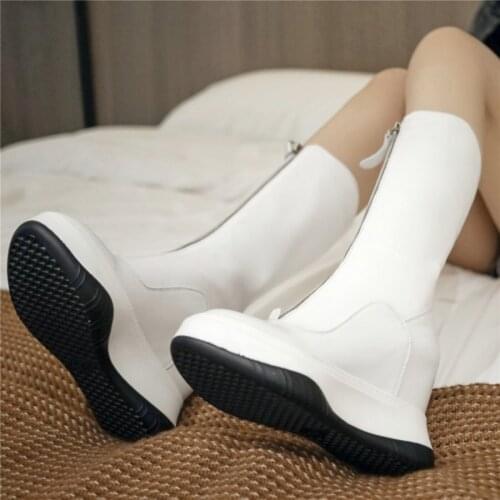 Winter Warm Trainers Women Genuine Leather Wedges High Heel Motorcycle Boots Female Round Toe Platform Oxfords Shoe Casual Shoes