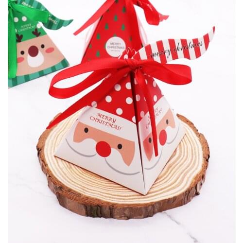 10pcs Christmas Paper Candy Box with Ribbon Santa Claus Pattern Gift Box Navidad 2021 New Year Merry Christmas Treats Packaging
