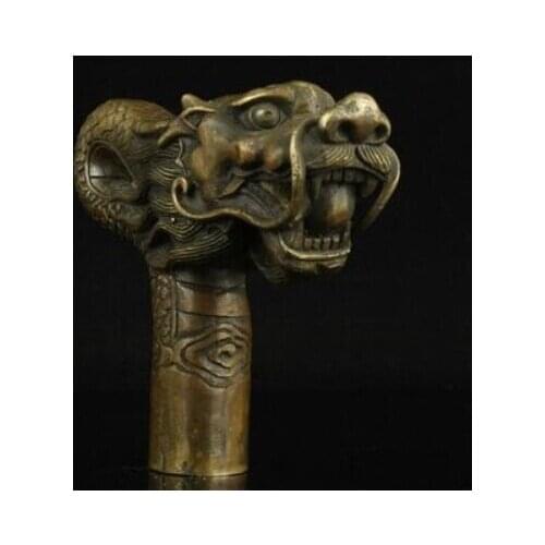 1115+++Pure Copper Brass Grandpa Good Lucky China Old Handwork Carving Bronze Dragon Statue Cane Head Walking Stick
