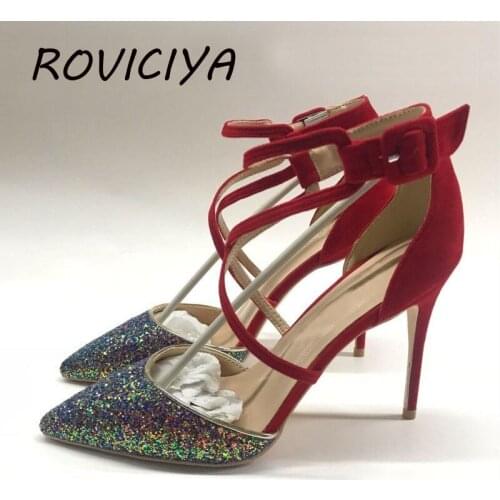 Glitter Woman Wedding Shoes High Heels Dress Shoes Ankle Strap Pumps Women Sexy Heeled Shoes Zapatos Mujer LF006 ROVICIYA