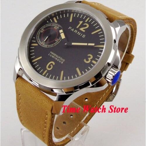 44mm Parnis mechanical wrist watch men waterproof dive pilot black dial leather bracelet sapphire luminous 6497 hand wind 1039