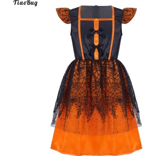 Kids Girls Ruffle Sleeves Bowknot Zipper Mesh Spider Style Dress Costumes For Carnival Halloween Theme Party Cosplay Dress Up