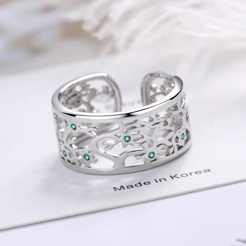 KOFSAC Fashion Tree Pattern Ring For Women 925 Sterling Silver Anniversary Jewelry Zircon Green Hollow Ring Lady Birthday Gifts