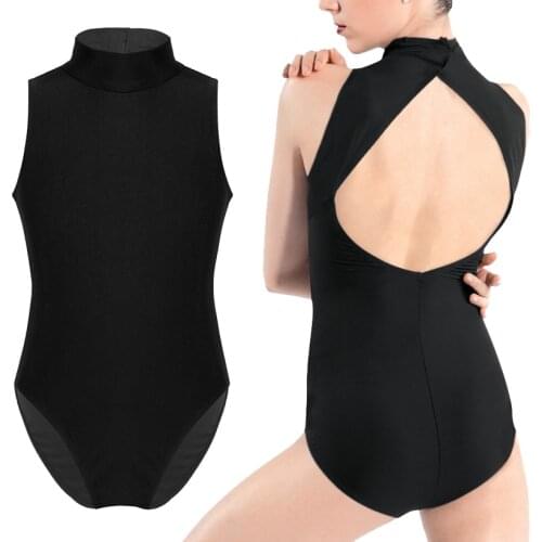 Kids Teens Sleeveless Mock Neck Professional Ballet Dancewear Girls Gymnastics Leotard Gym Workout Bodysuit Performance Costume