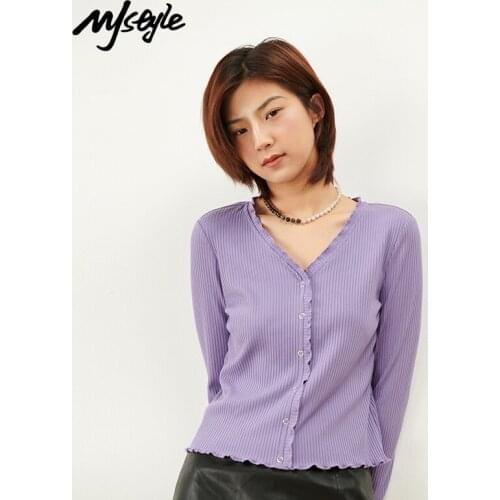 MJstyle 2021 Spring Korean Style V-neck Slim Retro Knitted Long-sleeved T-shirt Women Tops, Summer Purple Sweater 521100013