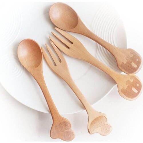 2 Pcs Cartoon Wooden Spoon Fork Baby Household Spoon Fork Dessert Ice Cream Spoon Wood Spoon Kitchen Kitchen Tools Accessories