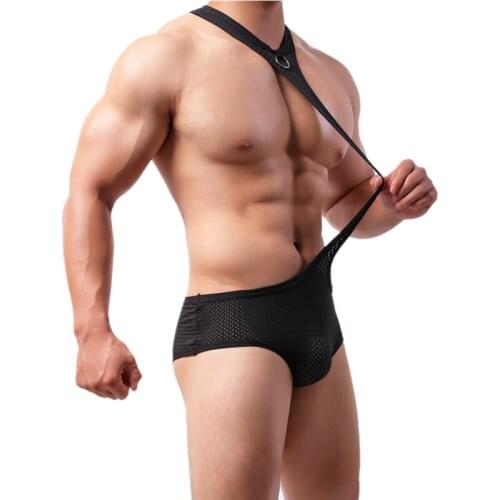 Men Black Leotard Mesh Undershirts Sexy Men Penis Pouch Briefs Underwear Halter Jumpsuit Breathable Singlet Slim Tight One Piece