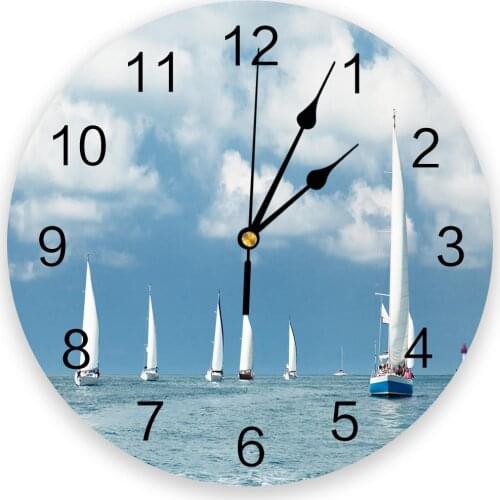 Sea Sailing Boat Blue Sky White Clouds Print Wall Clock Wall Art Silent Non ticking Round Wall Watch for Home Decortaion Gift