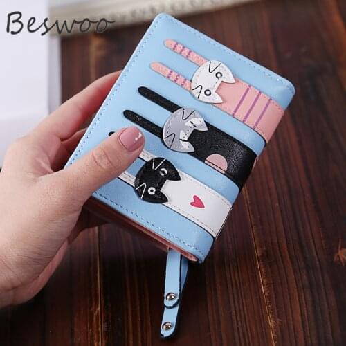 New Korean Womens Wallet Three Folds Passport Cover PU Leather Short Card Holder Cartoon Cat Cute Purses Coin Wallet Women