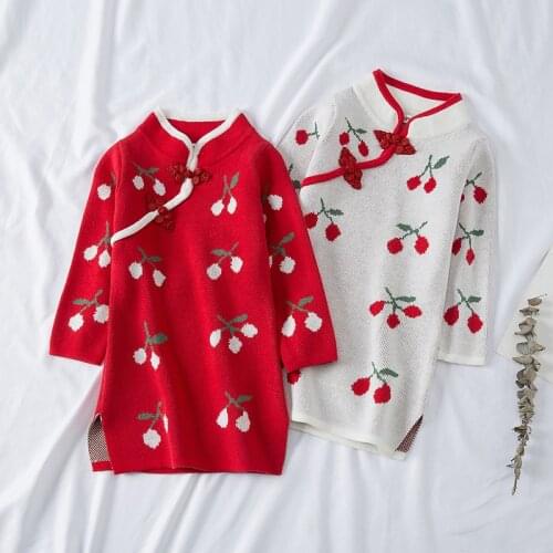 Autumn Winter Cherry Knit Girl Dress New Year Clothes Long Sweater Chinese Style Cotton Children Cheongsam Dress 2-6 Years
