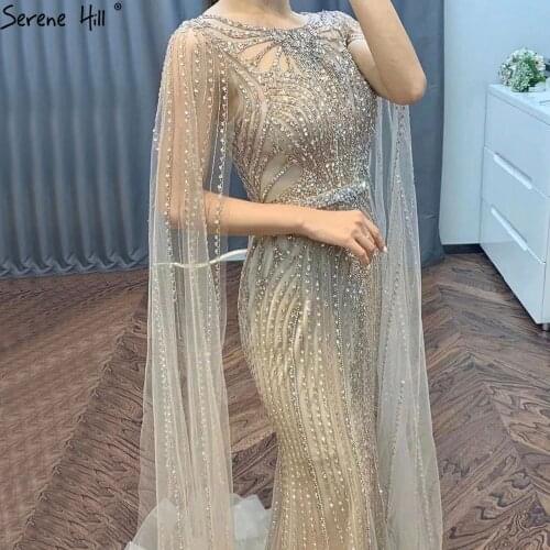 Serene Hill Brown Mermaid Elegant 2021 With Cape Sleeves Beading Luxury Evening Dresses Gowns For Women Party LA70638
