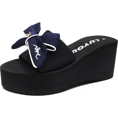 Slippers Women Summer Thick-Soled Bowknot Flip-Flops High-Heeled Fashion Non-Slip Sandals And Slippers Slippers Wear Beach Shoes