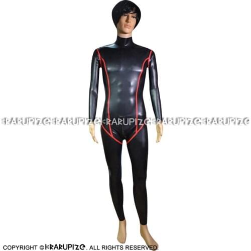 Black And Red Stripes At Top Sexy Latex Catsuit With Zipper Front Crotch To Back Neck Rubber Body Suit Bodysuit Zentai LTY-0223