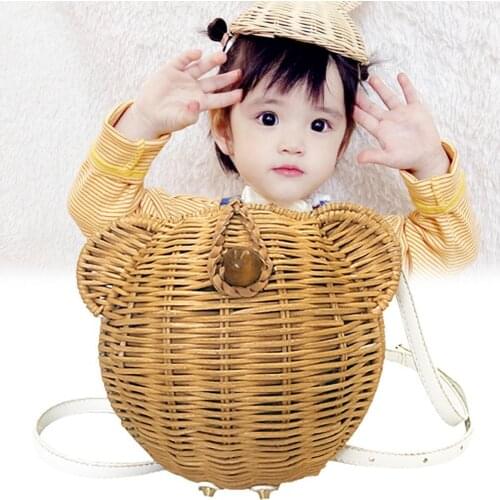 Straw Bag Cartoon Bear Pattern Handwoven Rattan Summer Shoulder All-Matched Adjustable Large Capacity Strap Cross Body Bags