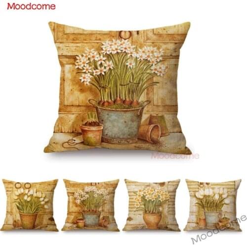 Vintage Flower Daffodil Tulip Poster Style Cotton Linen Sofa Decorative Throw Pillow Case Retro Floral Car Cushion Cover Case