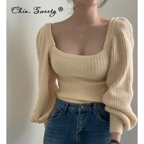 Solid Knitted Women Warm Sweater Pullovers 2021 Autumn Puff Sleeve Square Collar Vintage Sweaters Female Fashion All-match Top