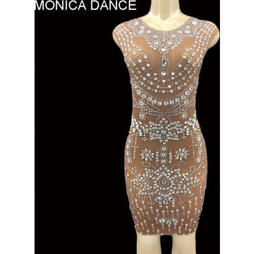 Women Sexy Stage Sparkly Rhinestones Sleeveless Short Dress Mesh Bodycon Prom Gown Evening Outfit Crystal Birthday Dress