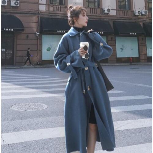Female Woolen coat Over knee long burgundy autumn winter loose thick solid women woolen overcoat elegant blend robe coat outdoor