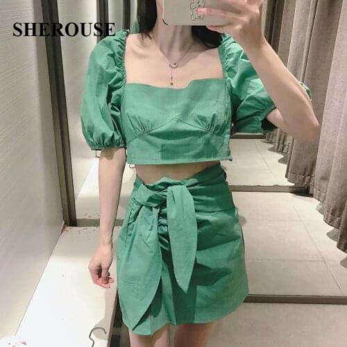 2021 New Summer Women 2 Pieces Set Lace Up Shirt and Bow Mini Skirt Chic Lady Fashion Casual Women Shirt & Skirt Suit