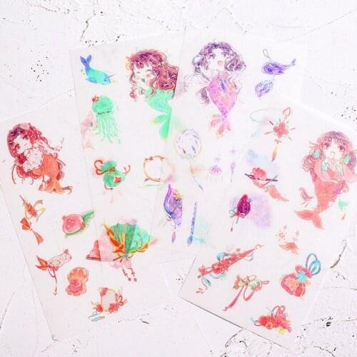 4 Sheets /Pack Watercolored Girl Mermaid Washi Paper Adhesive Diary Decorative Stickers Hand Account Decoration
