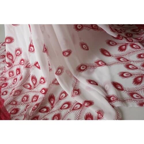 75D chiffon fabric rose red Peacock feathers white background Positioning printed on both sides for apparel and scarf CH2222