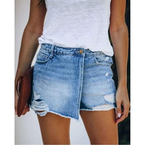 Summer Womens Solid Casual Button Pocket Jeans Hole Water Wash Jeans Shorts Hot Pants