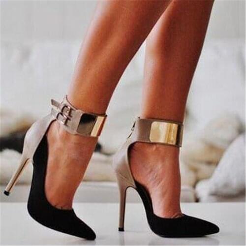 FghgfBeautiful fashion free postage black suede gray stitching, sequins decoration, buckle, 11 cm high-heeled shoes. Size: 35-43