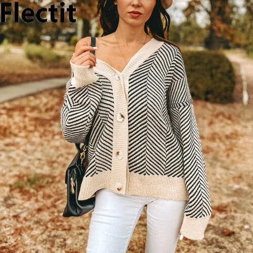 Flectit Casual Knitted Cardigan Oversize Button Front Contrast Stripe Cardigan Autumn Winter Women Sweater Feminino Tops