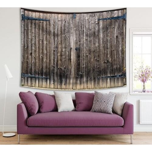 Tapestry Weathered Wooden Door of Ancient House Facade Rustic Village Gray Blue Photo Printed