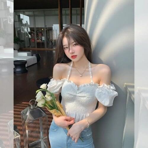 Herstory 2021 summer women solid sexy puff sleeve crop top lady ruffles slash neck blouse female Korean lace up fashion T-shirts