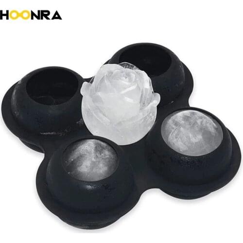 HOONRA 4 Cavity Silicone Rose Shape Ice Ball Mold Reusable Whiskey Cocktail Mould 3D Rose Ice Molds Ice Cream Moulds Bar Tools