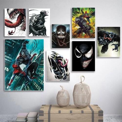 Marvel Anime Venom Spiderman Poster Classic Superhero Fighting Scene Comics Print Canvas Painting Living Room Home Decor Picture