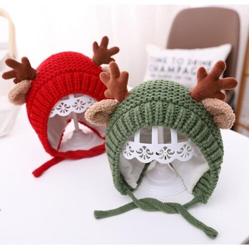 Cute Deer Elk Antlers Baby Hat Winter Warm Plush Knitted Ear Warmer Children Hat Bonnet Boys Girls Cap Beanie Christmas Hats